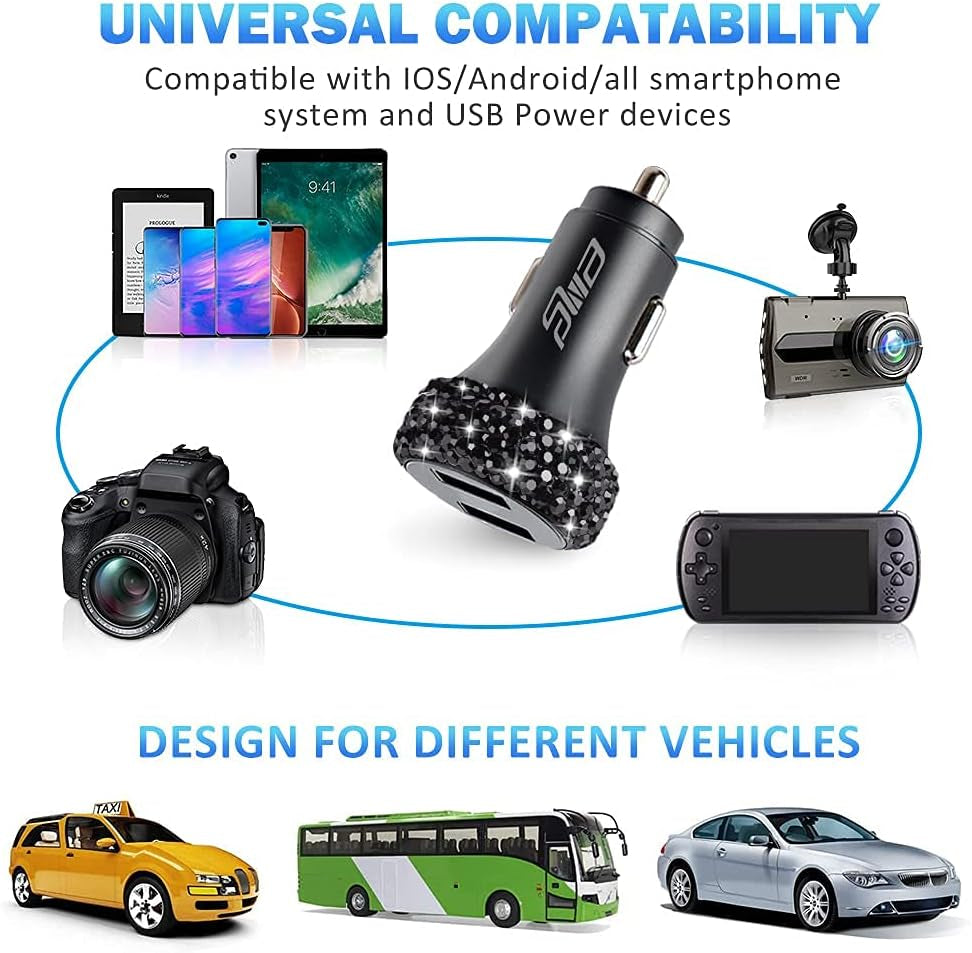 Dual USB Car Charger Quick Charge 3.0 Car Adapter Fast Charging Charger Compatible with Iphone 11/11Pro/ Max/Xs/Xr/X/10,Ipad,Samsung S10/S10+/S9,Google Pixel 4/4 XL Etc,Bling Car Decor,Black