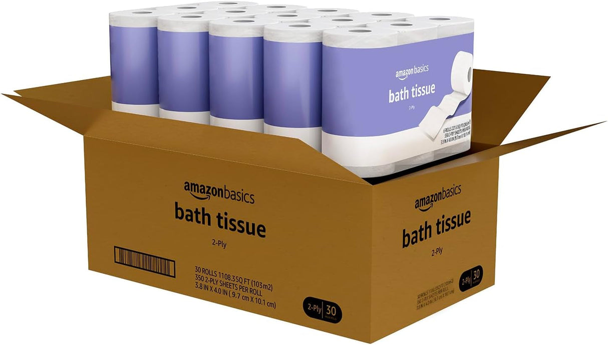 Amazon Basics 2-Ply Toilet Paper, 30 Rolls = 120 Regular Rolls, 350 Sheets, (Pack of 30), Unscented