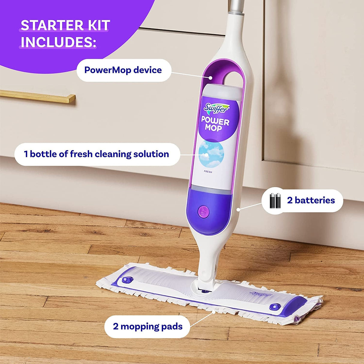 Swiffer Powermop Multi-Surface Mop Kit for Floor Cleaning, Includes Powermop, 2 Mopping Pad Refills, 1 Cleaning Solution with Fresh Scent and 2 Batteries