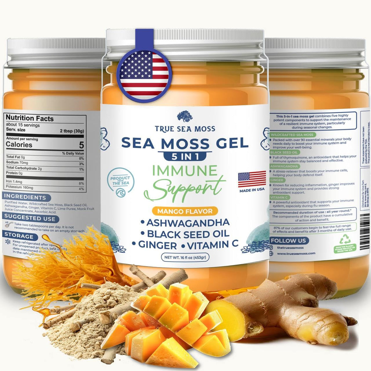 Trueseamoss Wildcrafted Irish Sea Moss Gel –7 Flavors- Nutritious Raw Seamoss Rich in Minerals, Proteins & Vitamins – Antioxidant Health Sea Moss, Vegan Made in USA (MANGO/PINEAPPLE, 1)