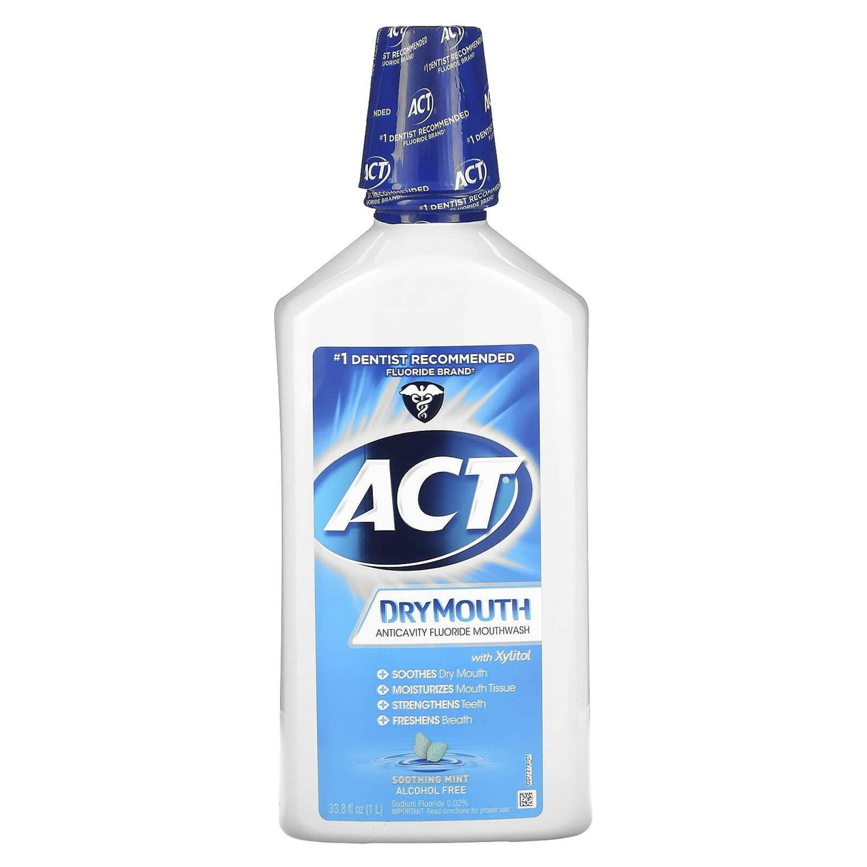 Act, Dry Mouth Anticavity Fluoride Mouthwash with Xylitol, Alcohol Free, Soothing Mint, 33.8 fl oz (1 L) - Supply Center USA