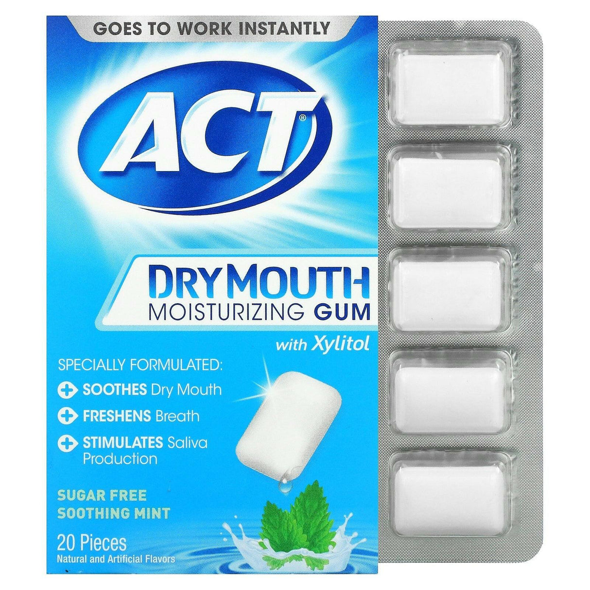 Act, Dry Mouth Moisturizing Gum with Xylitol, Sugar Free, Soothing Mint, 20 Pieces - Supply Center USA