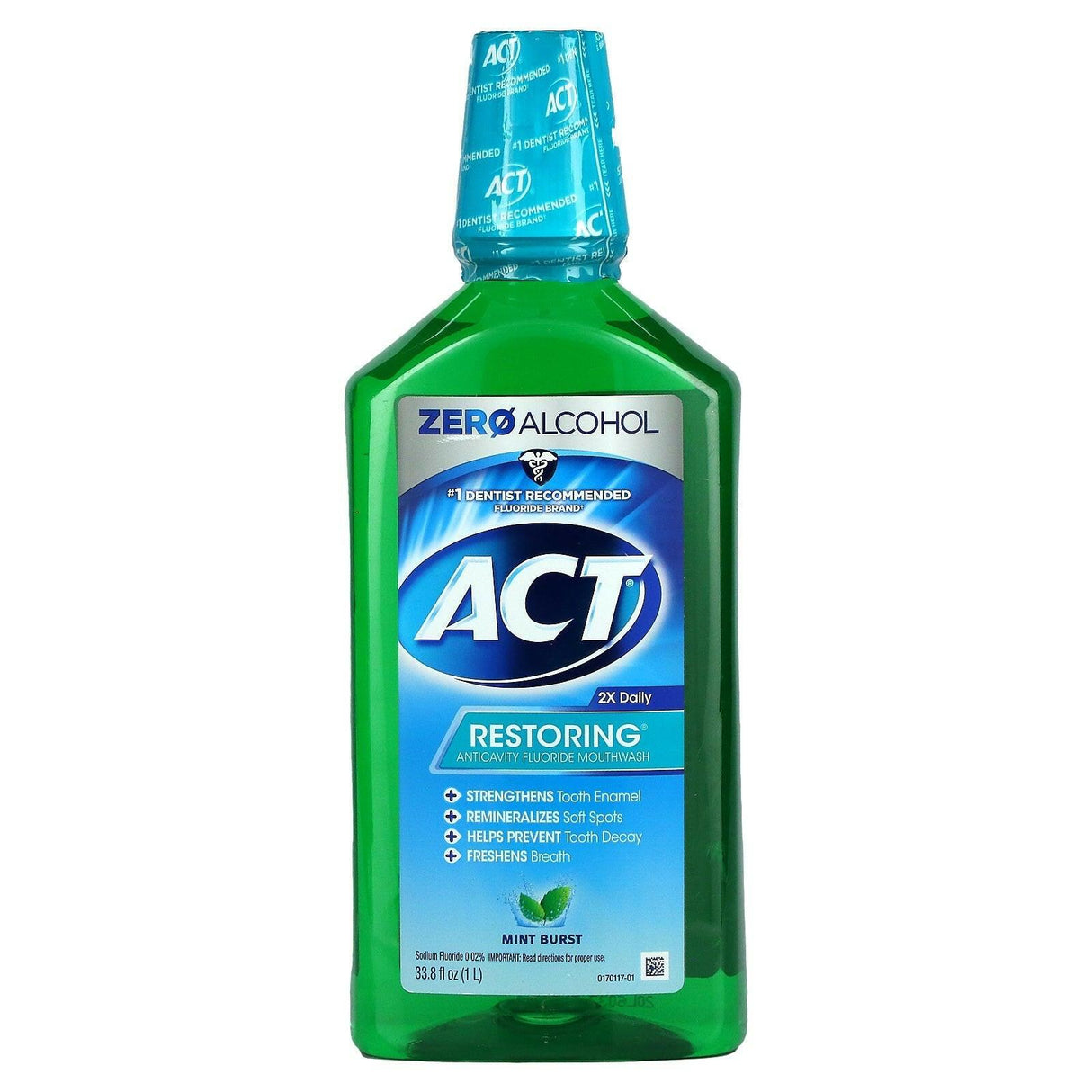 Act, Restoring Anticavity Fluoride Mouthwash, Alcohol Free, Mint Burst, 33.8 fl oz (1 L) - Supply Center USA