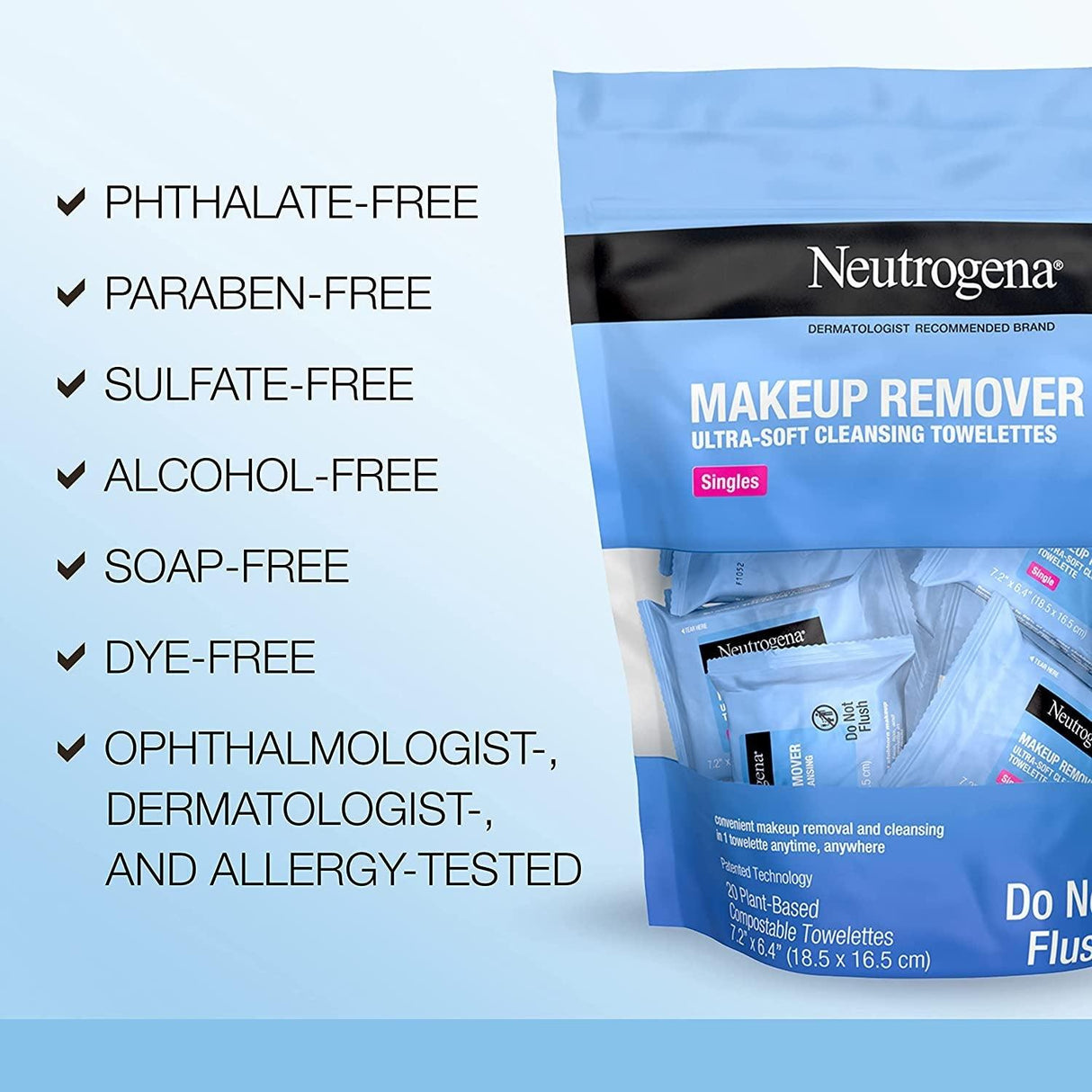 Neutrogena Makeup Remover Facial Cleansing Towelette Singles, Daily Face Wipes Remove Dirt, Oil, Makeup & Waterproof Mascara, Gentle, Individually Wrapped, 100% Plant-Based Fibers, 20 Ct - Supply Center USA