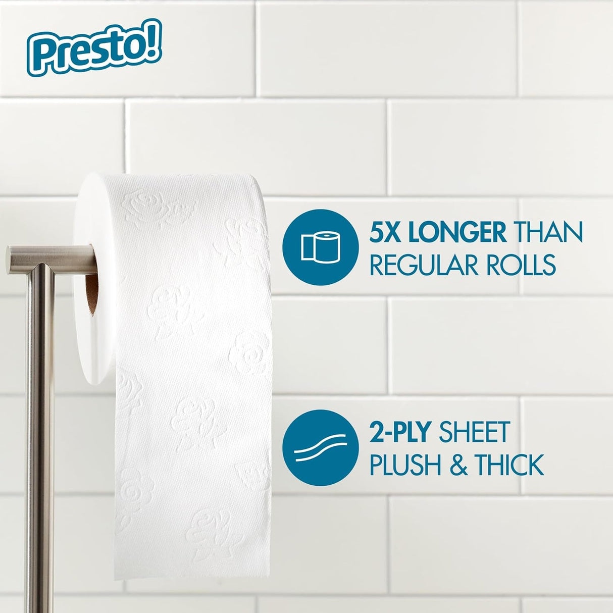 Amazon Brand - Presto! 313 2-Ply Sheet Mega Roll Toilet Paper, Unscented, Ultra-Soft, 12 Rolls (2 Packs of 6), Equivalent to 60 Regular Rolls, White