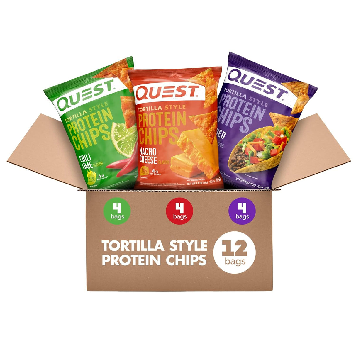 Quest Nutrition Tortilla Style Protein Chips Variety Pack, Chili Lime, Nacho Cheese, Loaded Taco, Low Carb, High Protein, Gluten Free, 1.1 Oz (Pack of 12)