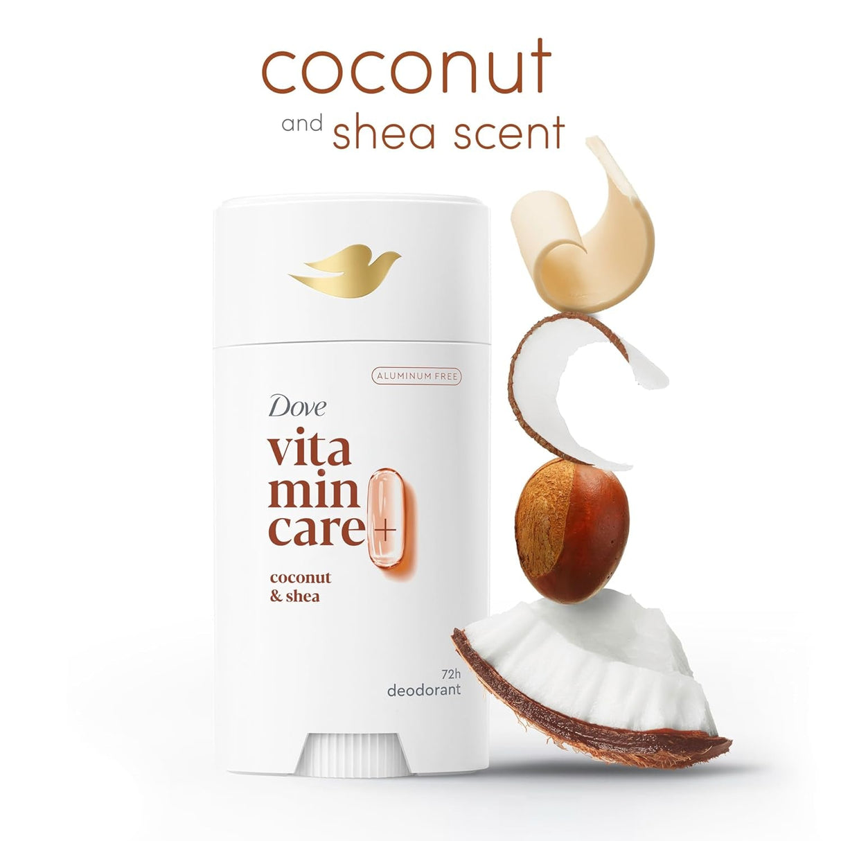 Dove Vitamincare+ Aluminum Free Deodorant Stick Coconut & Shea for 72H Odor Protection Breathable Deodorant for Women 2.6 Oz
