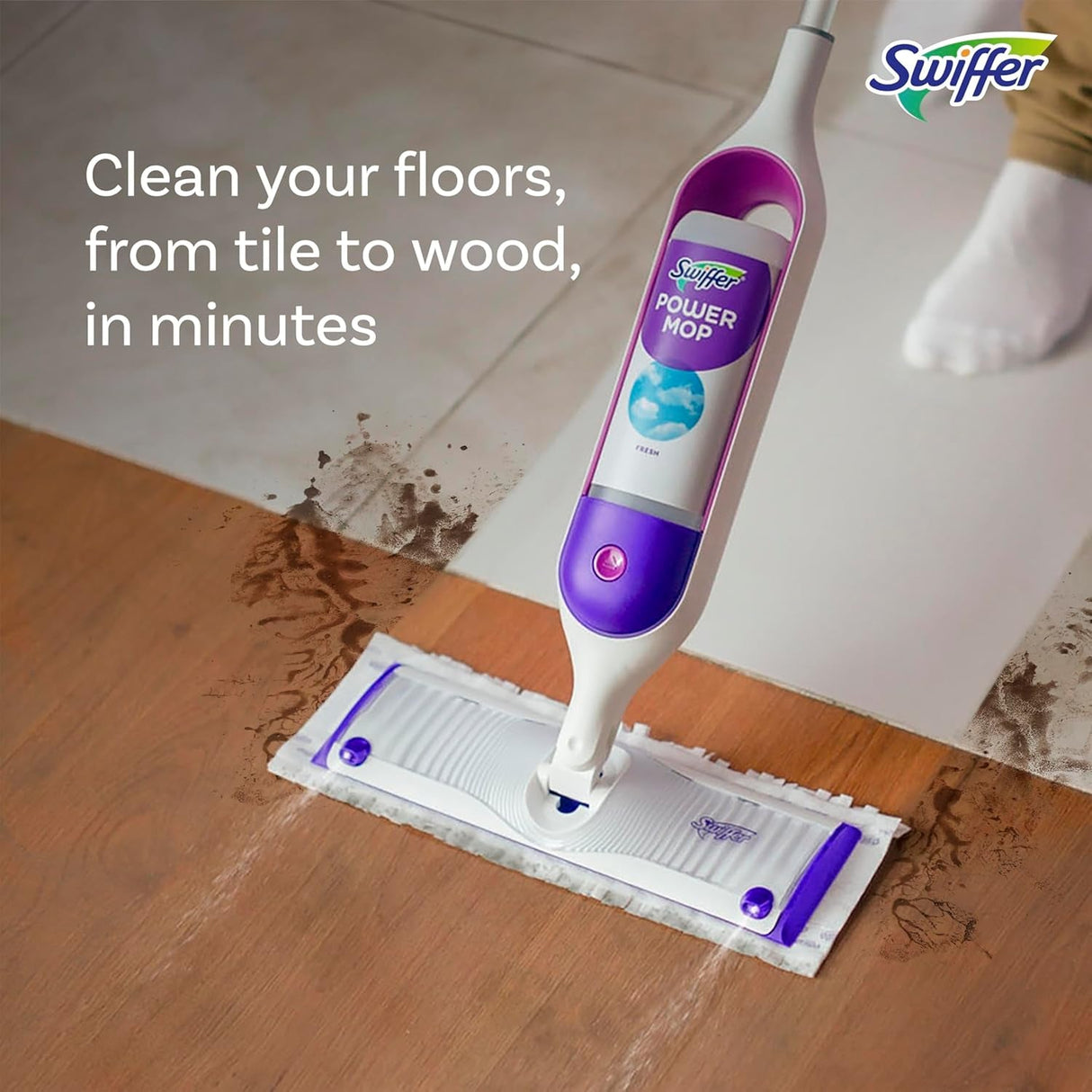 Swiffer Powermop Multi-Surface Mop Kit for Floor Cleaning, Includes Powermop, 2 Mopping Pad Refills, 1 Cleaning Solution with Fresh Scent and 2 Batteries