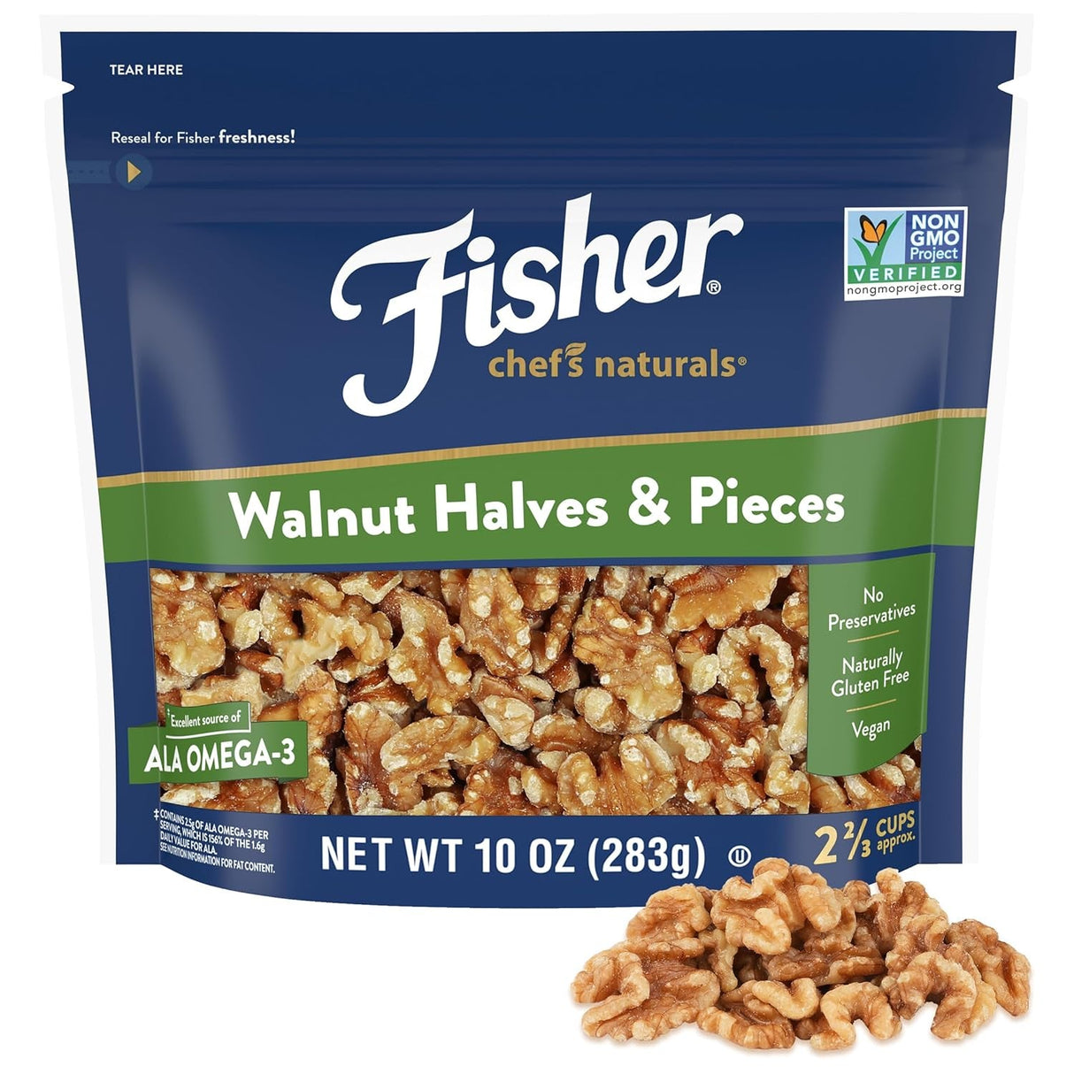 Fisher Chef'S Naturals Walnut & Pieces, Naturally Gluten Free, No Preservatives, Non-Gmo, Halves, 16 Oz