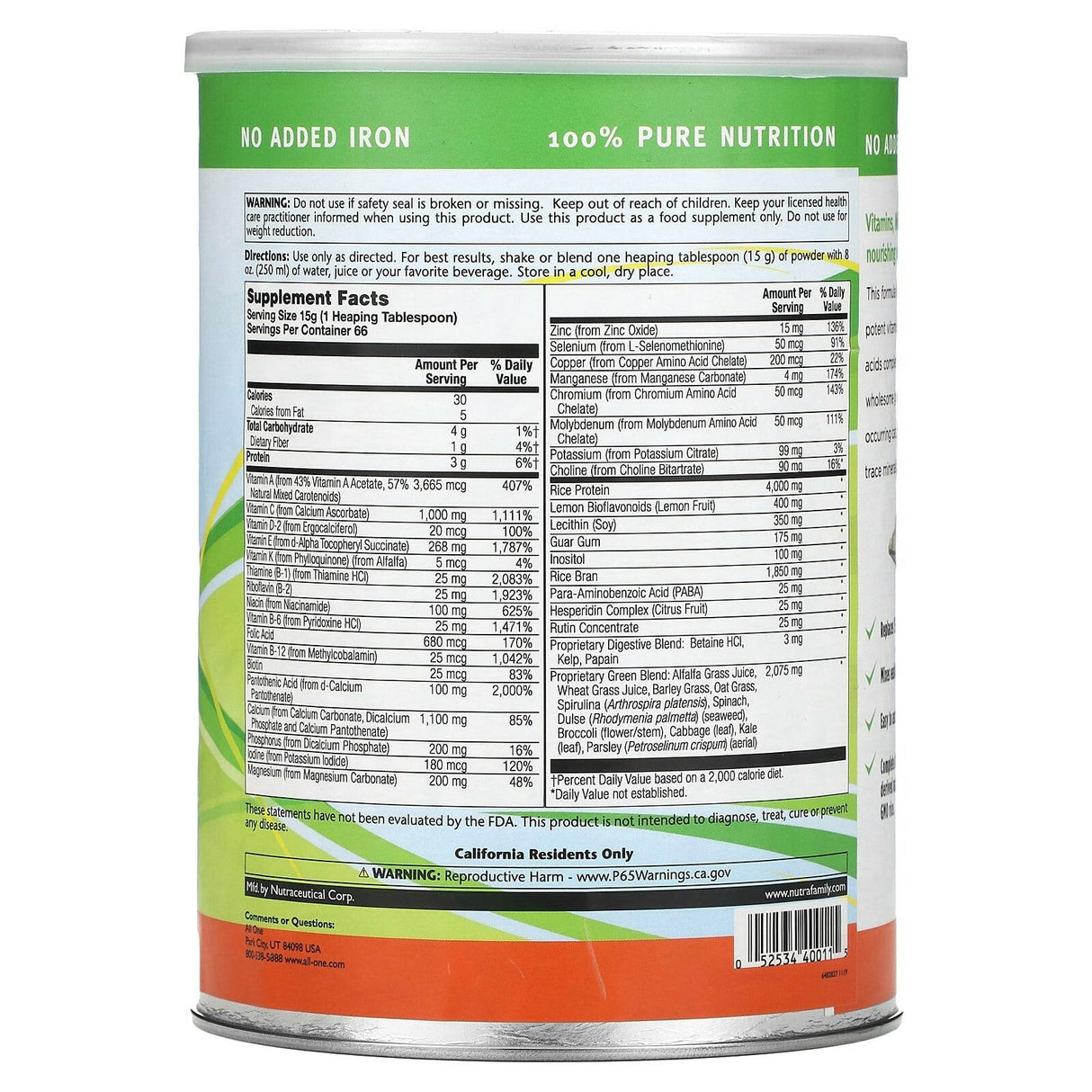 All One, Nutritech, Green Phyto Base, Multiple Vitamin & Mineral Powder, Unflavored, 2.2 lbs (1,000 g) - Supply Center USA
