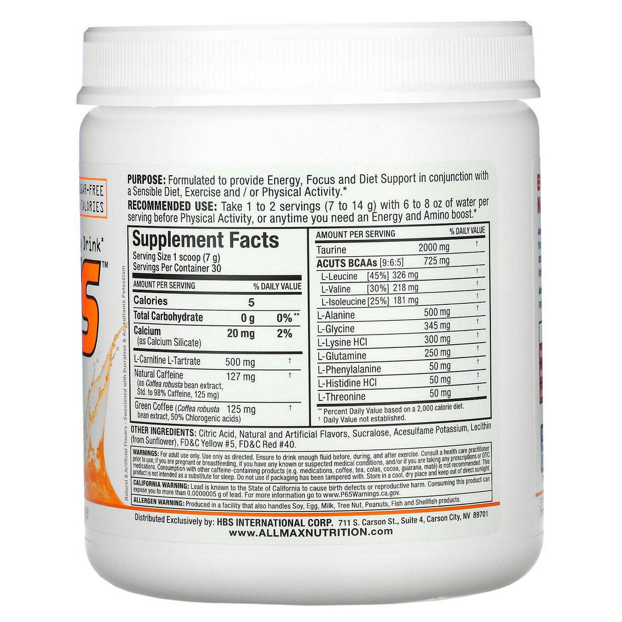 ALLMAX Nutrition, ACUTS, Amino-Charged Energy Drink, Orange, 7.4 oz (210 g) - Supply Center USA