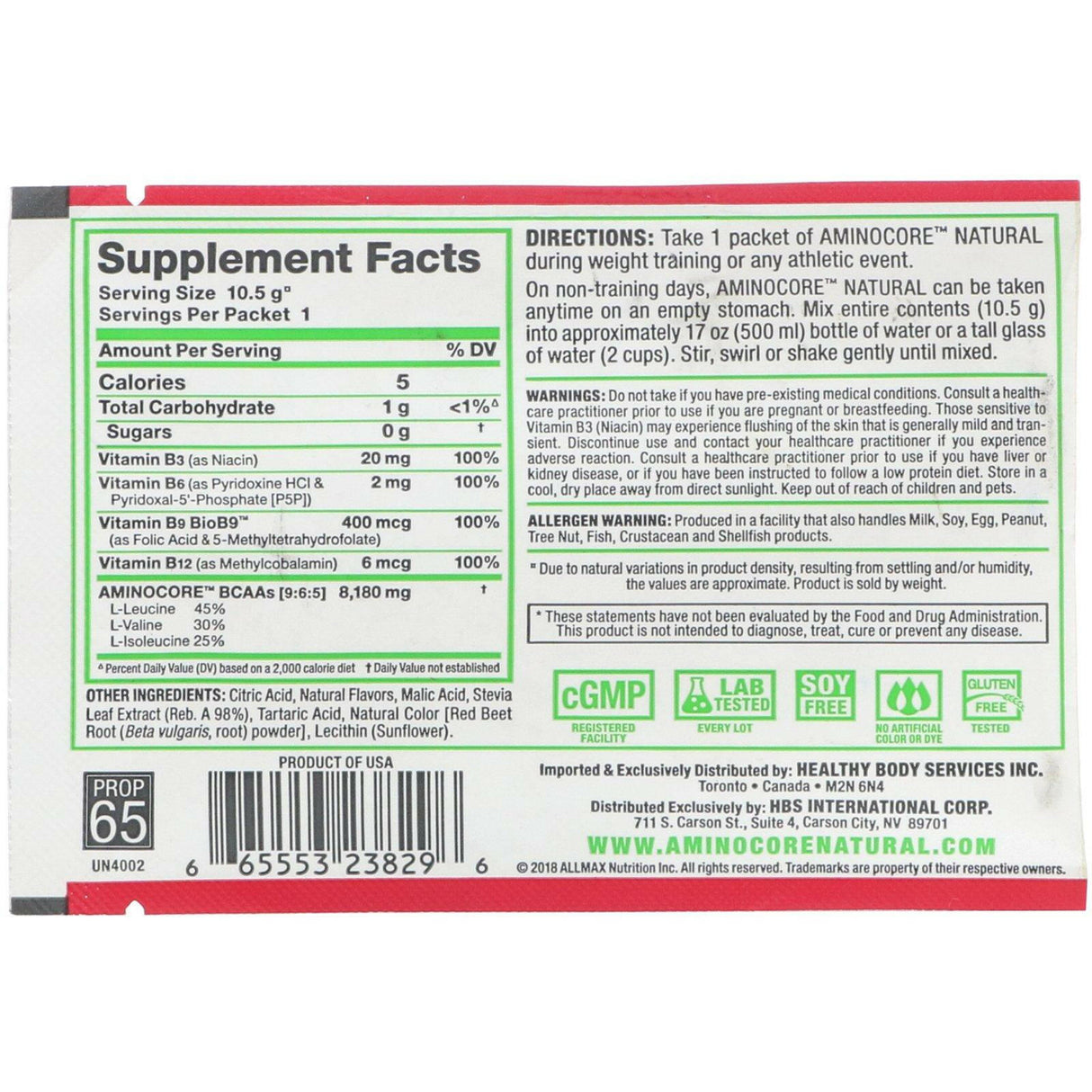 ALLMAX Nutrition, AMINOCORE Natural, Instantized BCAAs, Cranberry Apple, 10.5 g (0.37 oz) - Supply Center USA