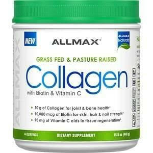 ALLMAX Nutrition, Grass Fed & Pasture Raised Collagen with 10,000 mcg Biotin + 90 mg Vitamin C, 15.5 oz (440 g) - Supply Center USA