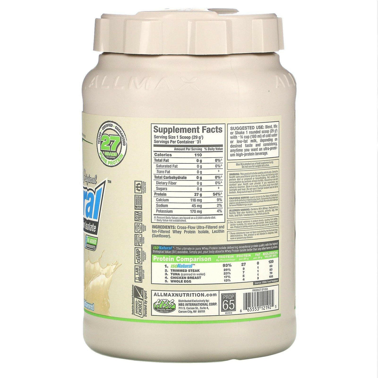 ALLMAX Nutrition, IsoNatural, Pure Whey Protein Isolate, The Original, Unflavored, 2 lbs (907 g) - Supply Center USA
