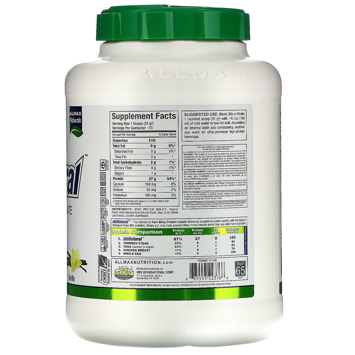 ALLMAX Nutrition, IsoNatural, Pure Whey Protein Isolate, Vanilla, 5 lbs (2.27 kg) - Supply Center USA