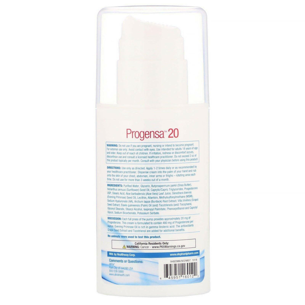 AllVia, Progensa 20, Progestrone Cream, 4 oz (113 g) - Supply Center USA