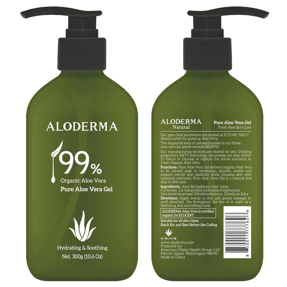 Aloderma 99% Organic Aloe Vera Gel Made within 12 Hours of Harvest - Lightweight, Non-Sticky Aloe Gel for Face and Body, Sunburn Relief, Natural, Soothing Hydrating Aloe Vera for Scalp & Hair, 10.6Oz - Supply Center USA