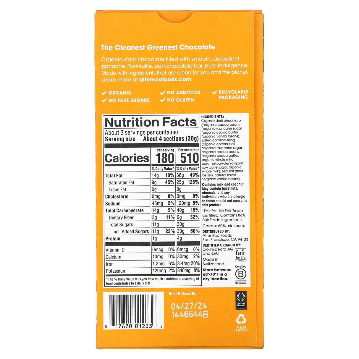 Alter Eco, Truffle Thins, Organic Dark Chocolate Bar, Salted Caramel, 2.96 oz (84 g) - Supply Center USA