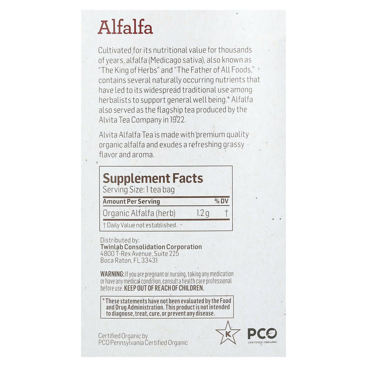 Alvita Teas, Organic Alfalfa Botanical Tea, Caffeine Free, 16 Individually Wrapped Tea Bags, 0.68 oz (19.28 g) - Supply Center USA