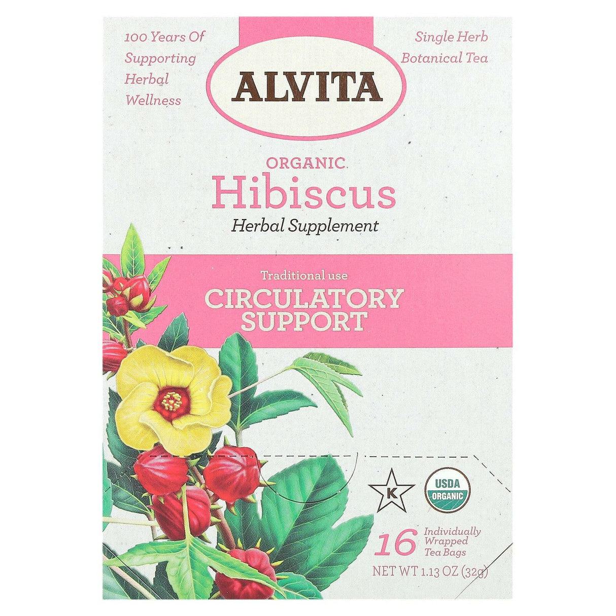 Alvita Teas, Organic Botanical Tea, Hibiscus, Caffeine Free, 16 Individually Wrapped Tea Bags, 1.13 oz (32 g) - Supply Center USA