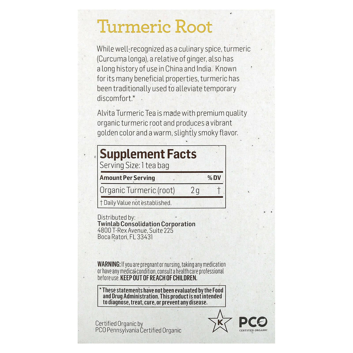 Alvita Teas, Organic Botanical Tea, Turmeric Root, Caffeine Free, 16 Individually Wrapped Tea Bags, 1.13 oz (32 g) - Supply Center USA