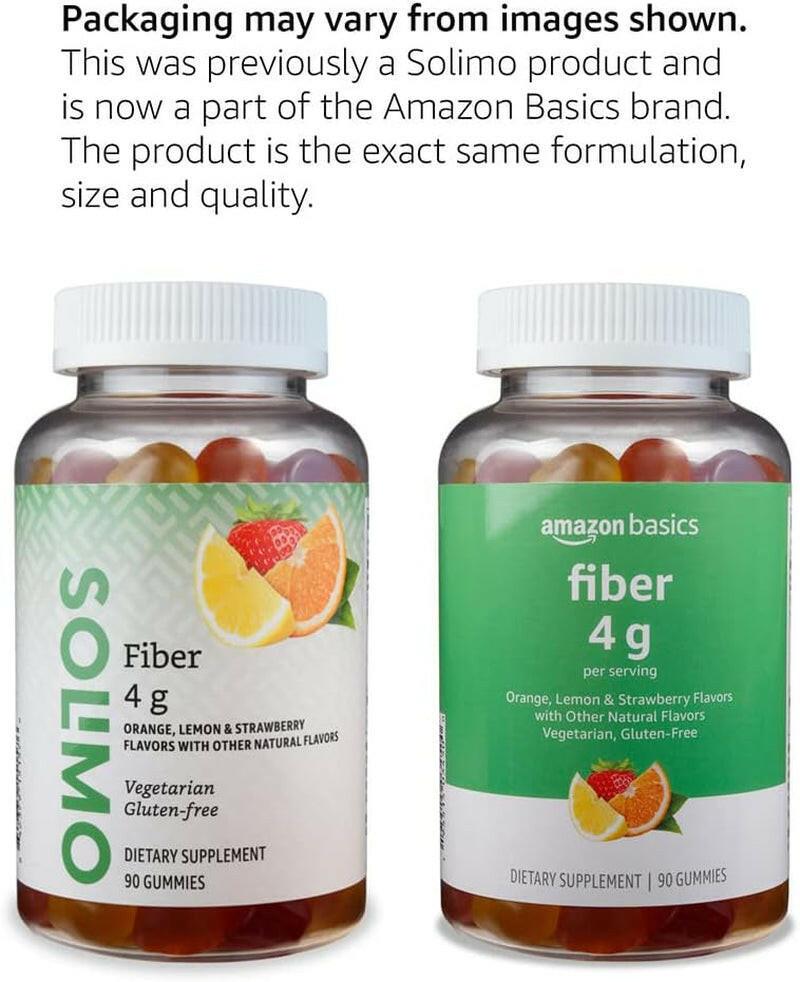 Amazon Basics (Previously Solimo) Fiber 4G Gummy - Digestive Health, Supports Regularity, Orange, Lemon & Strawberry, 90 Gummies (2 per Serving) - Supply Center USA