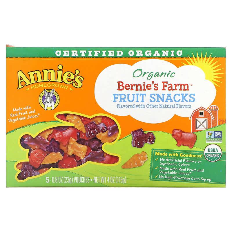 Annie's Homegrown, Organic Bernie's Farm Fruit Snacks, 5 Pouches, 0.8 oz (23 g) Each - Supply Center USA