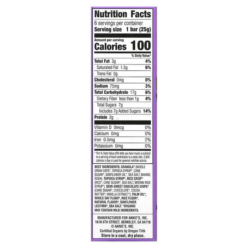 Annie's Homegrown, Organic Chewy Granola Bars, Chocolate Chip, 6 Bars, 0.89 oz (25 g) Each - Supply Center USA