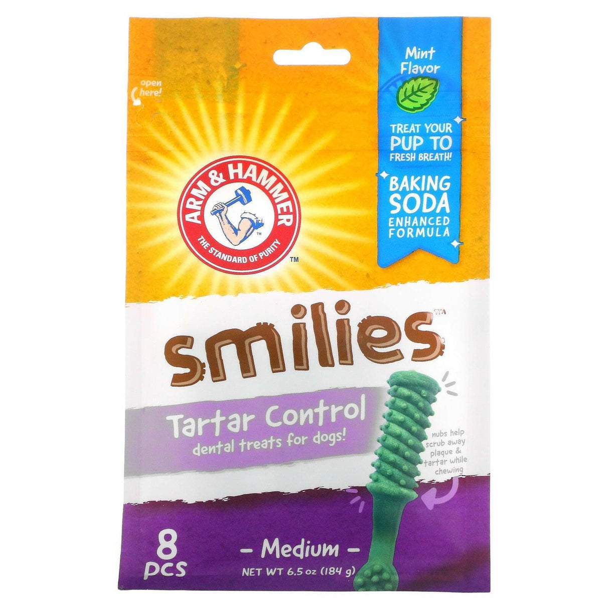 Arm & Hammer, Smilies, Tartar Control Dental Treats for Dogs, Medium, Mint, 8 Pieces - Supply Center USA