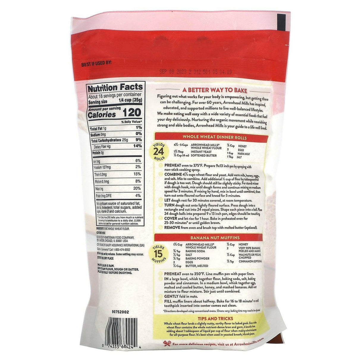 Arrowhead Mills, Organic Whole Wheat Flour, Stone Ground, 22 oz (623 g) - Supply Center USA