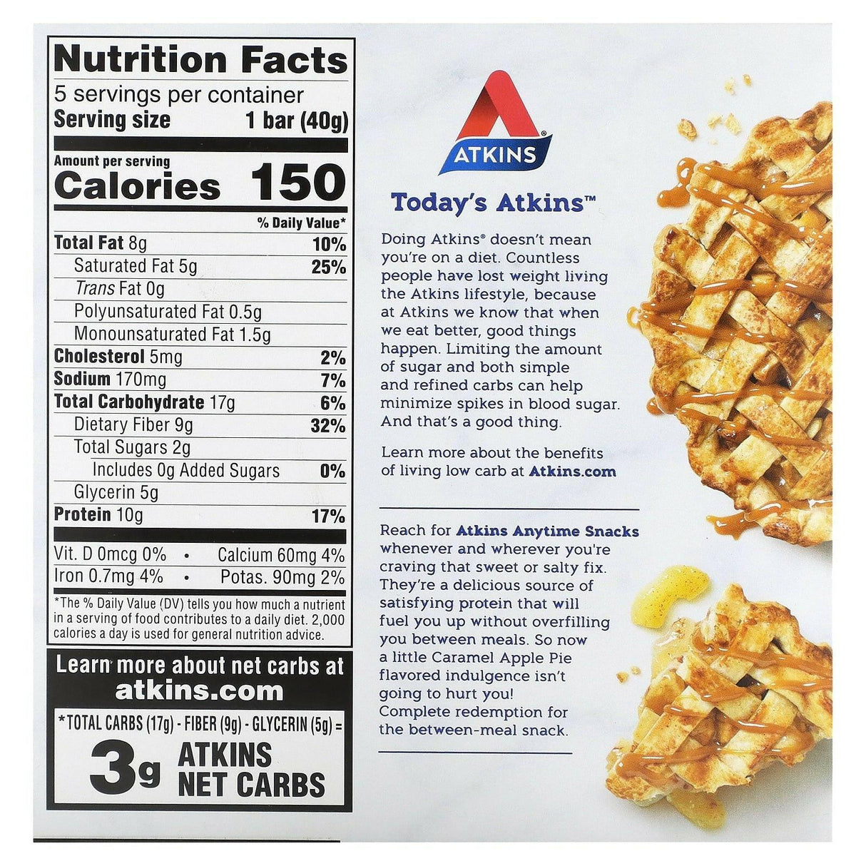 Atkins, Snack, Caramel Apple Pie Bar, 5 Bars, 1.41 oz (40 g) Each - Supply Center USA