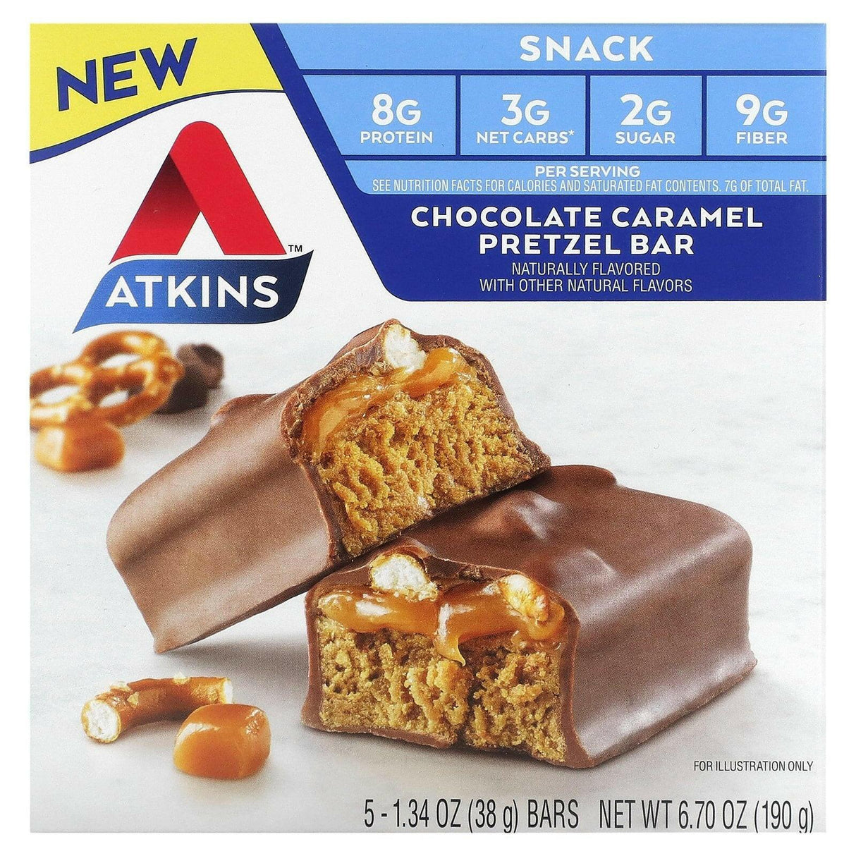 Atkins, Snack, Chocolate Caramel Pretzel Bar, 5 Bars, 1.34 oz (38 g) Each - Supply Center USA