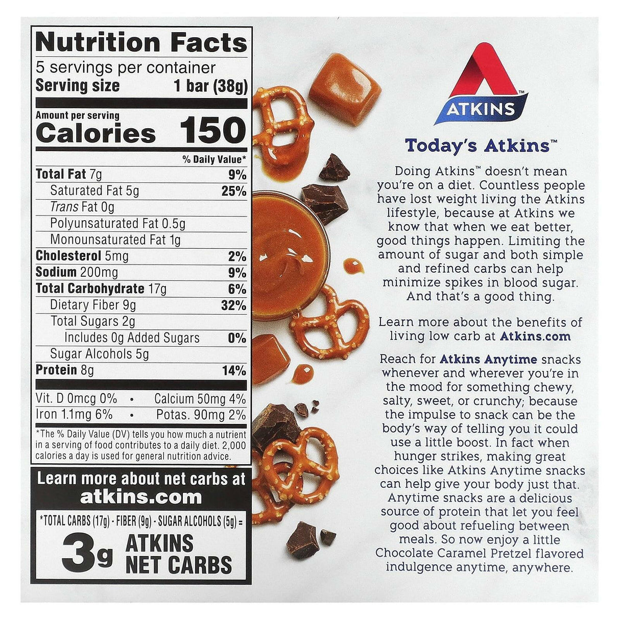 Atkins, Snack, Chocolate Caramel Pretzel Bar, 5 Bars, 1.34 oz (38 g) Each - Supply Center USA