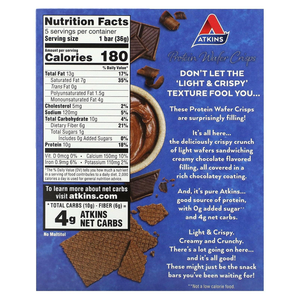 Atkins, Snack, Protein Wafer Crisps, Chocolate Creme, 5 Bars, 1.27 oz (36 g) Each - Supply Center USA