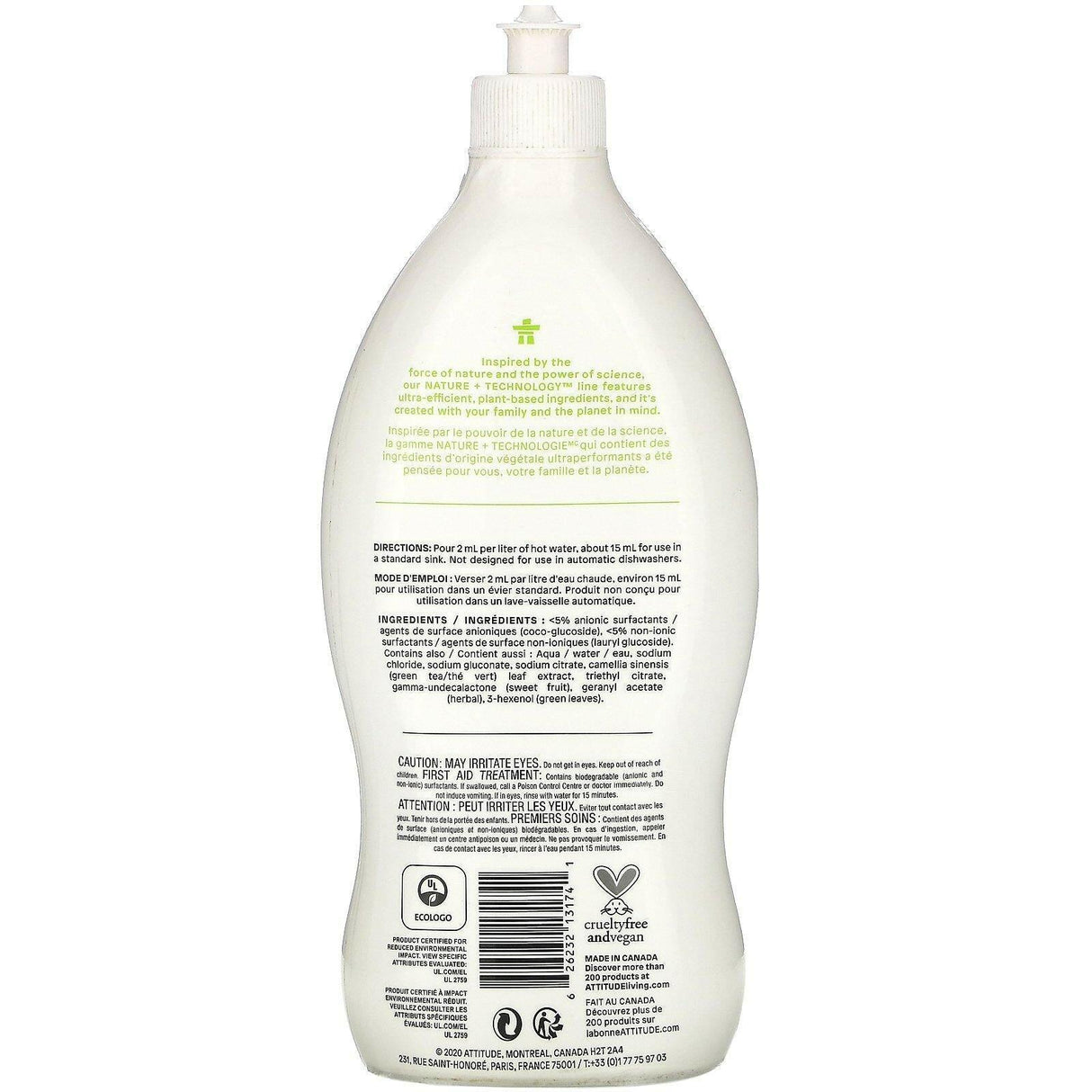 ATTITUDE, Dishwashing Liquid, Green Apple & Basil, 23.7 fl oz (700 ml) - Supply Center USA