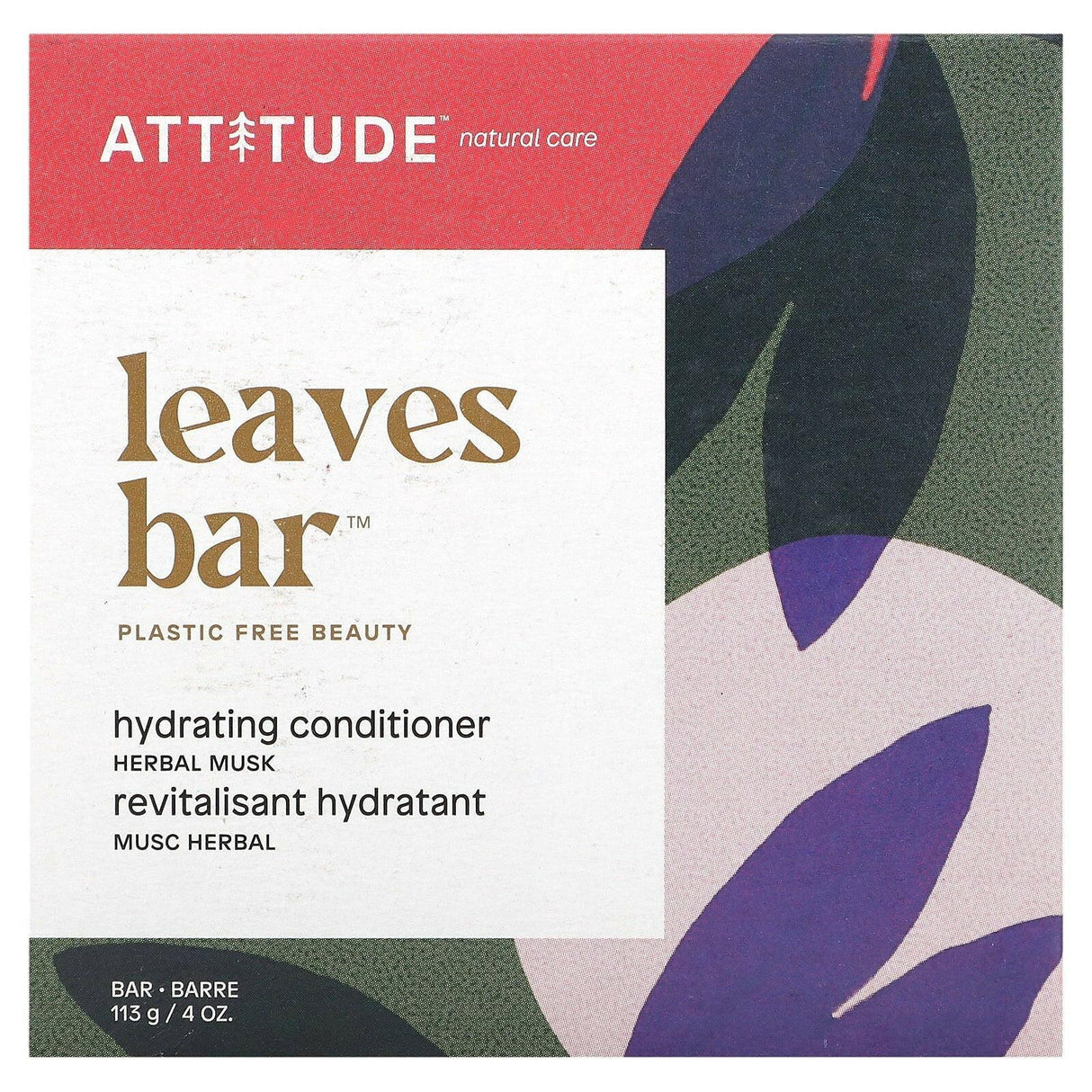 ATTITUDE, Leaves Bar, Hydrating Conditioner Bar, Herbal Musk, 4 oz (113 g) - Supply Center USA