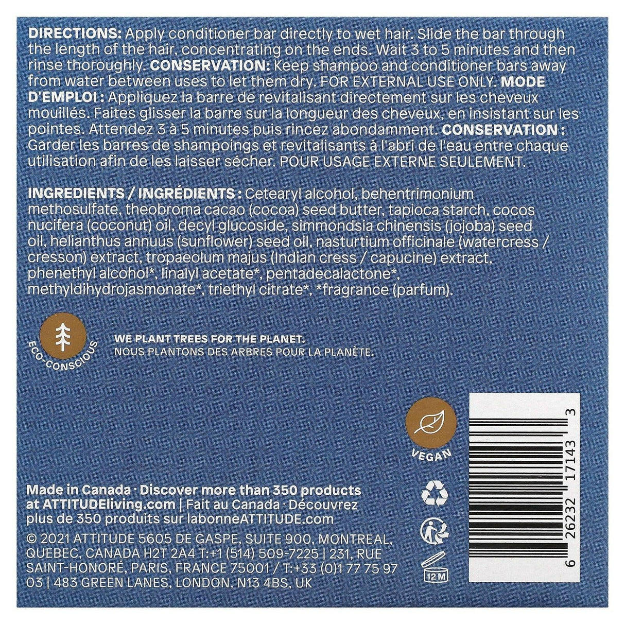 ATTITUDE, Leaves Bar, Hydrating Conditioner Bar, Herbal Musk, 4 oz (113 g) - Supply Center USA