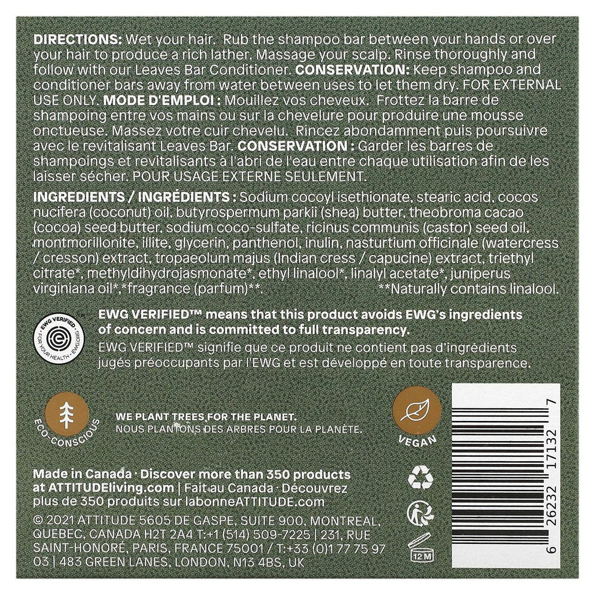 ATTITUDE, Leaves Bar, Hydrating Shampoo Bar, Herbal Musk, 4 oz (113 g) - Supply Center USA