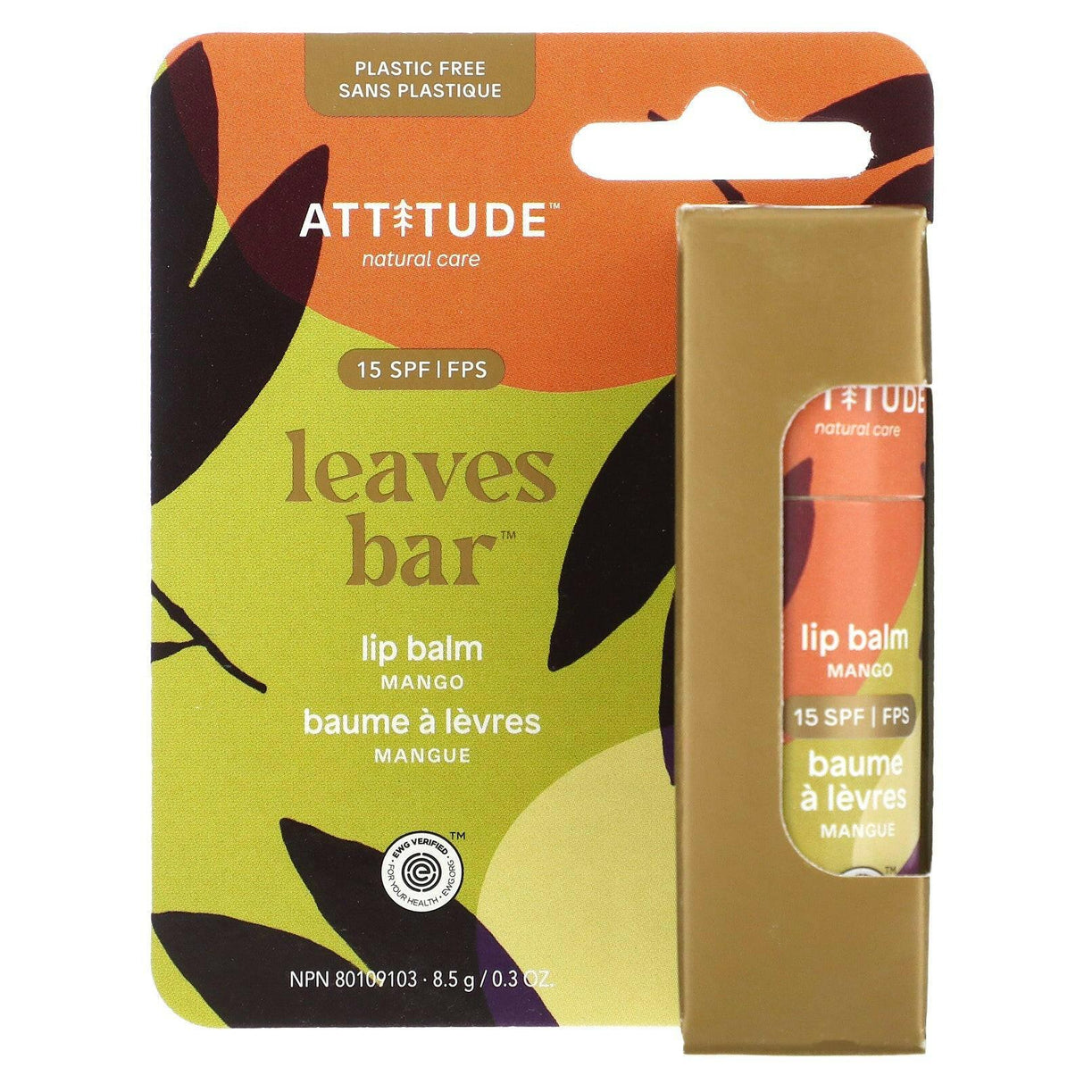 ATTITUDE, Leaves Bar, Lip Balm, SPF 15, Mango, 0.3 oz (8.5 g) - Supply Center USA