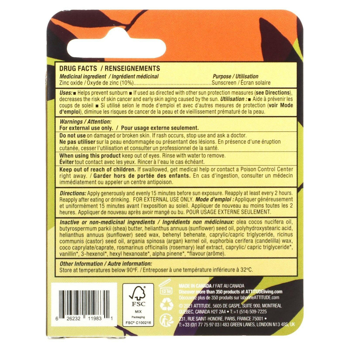 ATTITUDE, Leaves Bar, Lip Balm, SPF 15, Mango, 0.3 oz (8.5 g) - Supply Center USA
