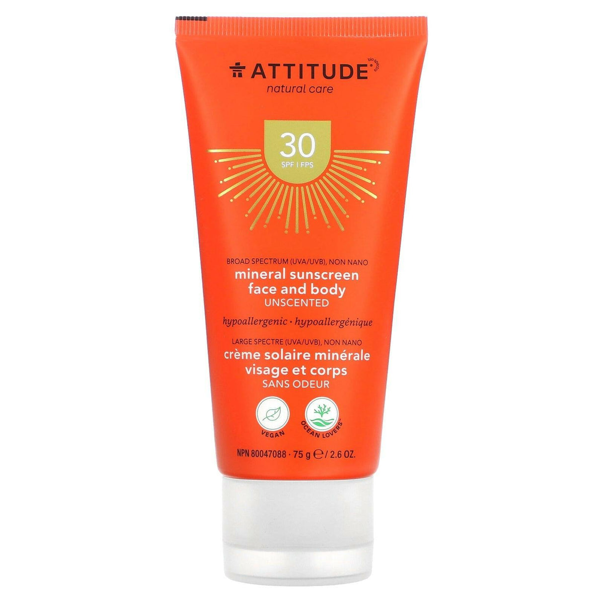 ATTITUDE, Mineral Sunscreen Face and Body, SPF 30, Unscented, 2.6 oz (75 g) - Supply Center USA