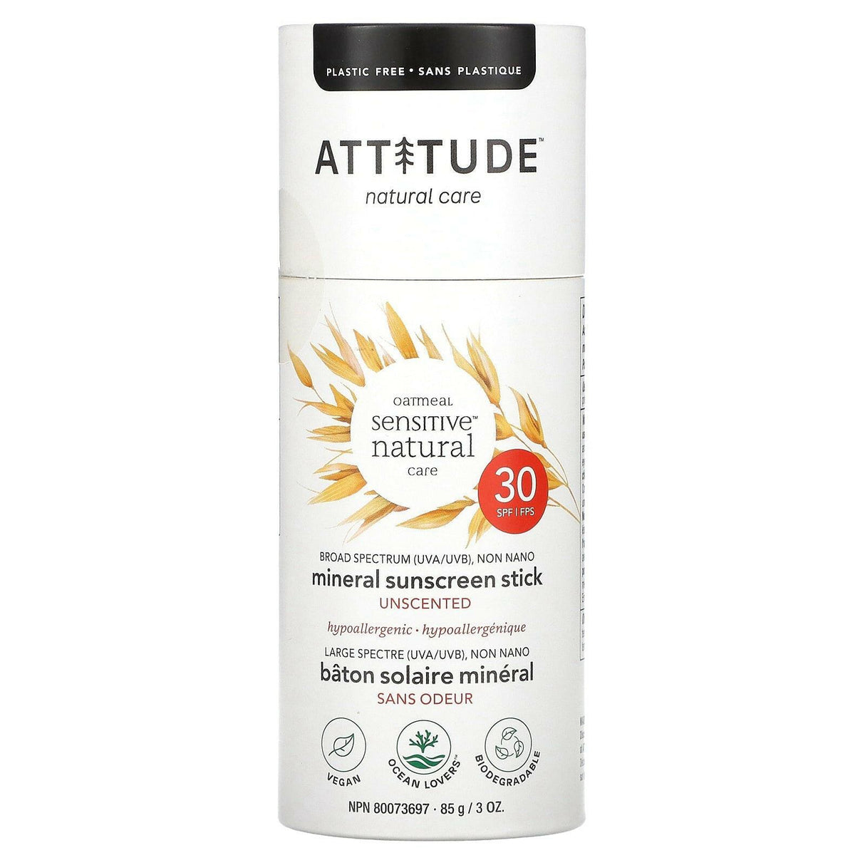 ATTITUDE, Oatmeal Sensitive Natural Care, Mineral Sunscreen Stick, SPF 30, Unscented, 3 oz (85 g) - Supply Center USA