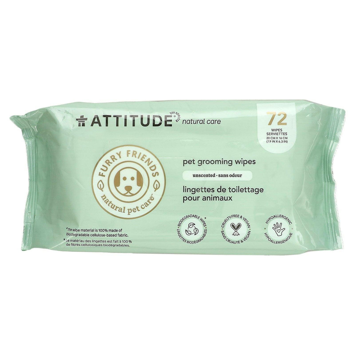 ATTITUDE, Pet Grooming Wipes, Unscented, 72 Wipes - Supply Center USA