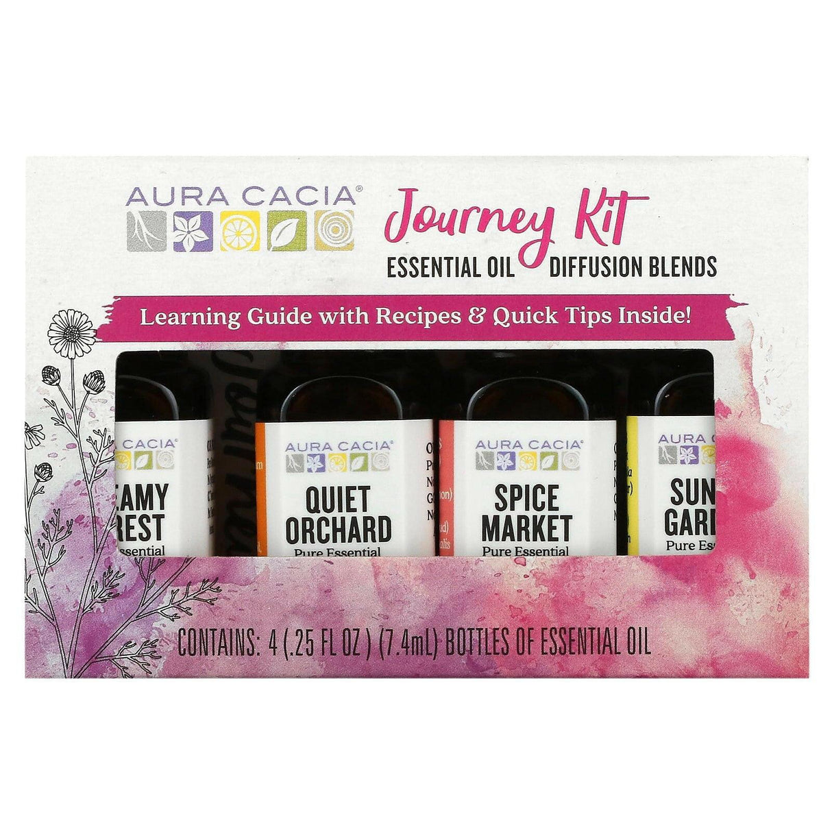 Aura Cacia, Journey Kit, Essential Oil Diffusion Blends, 4 Bottles, 0.25 fl oz (7.4 ml) Each - Supply Center USA