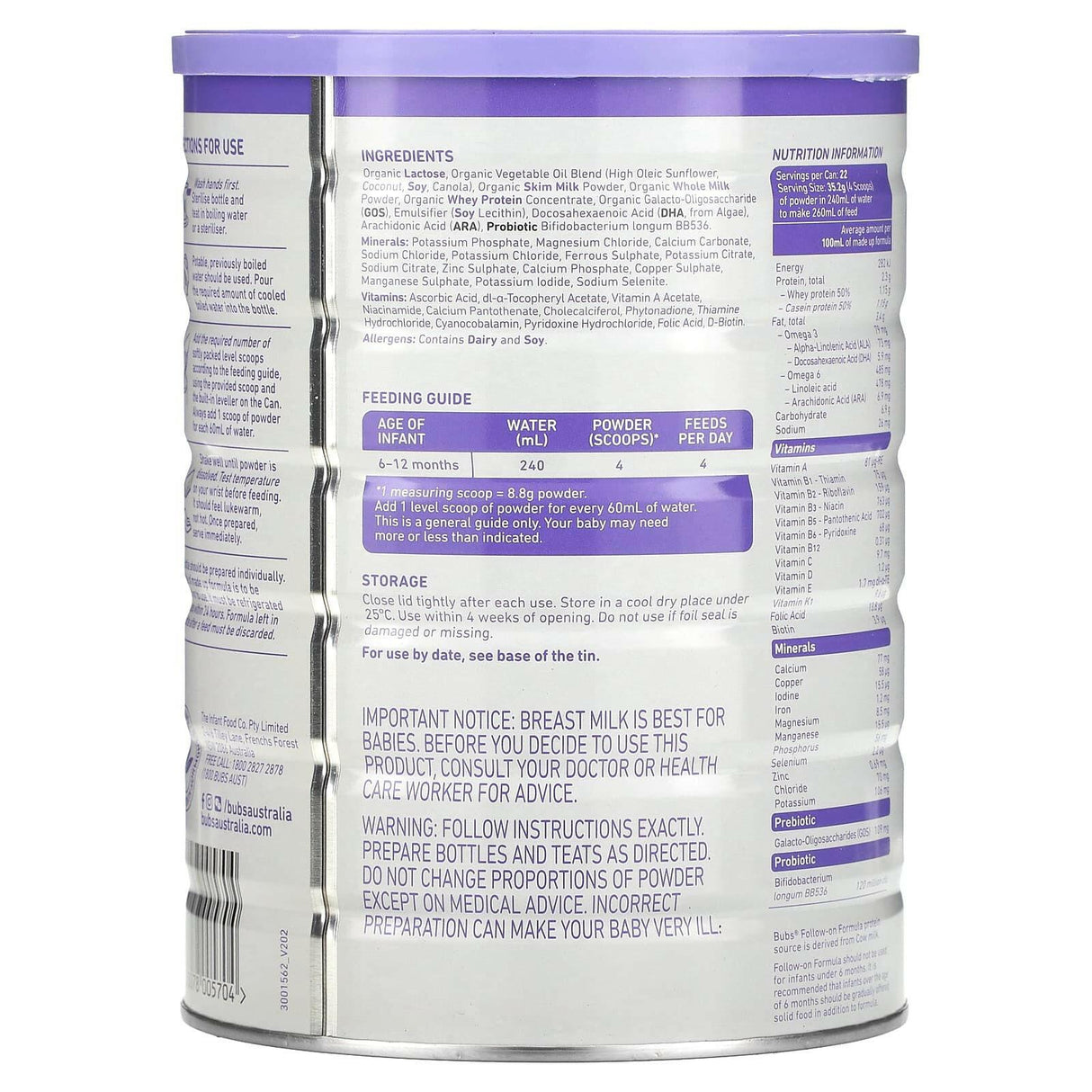 Aussie Bubs, Organic Grass Fed Follow-On Formula, 6-12 Months, 800 g - Supply Center USA