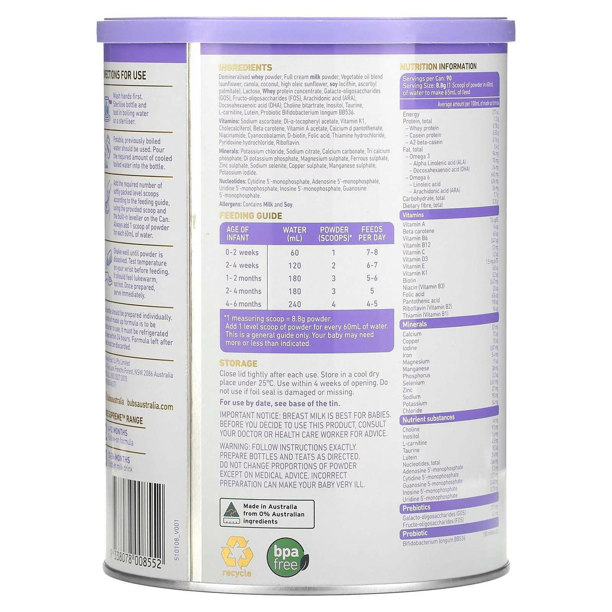 Aussie Bubs, Supreme Infant Formula, 0-6 Months, 800 g - Supply Center USA