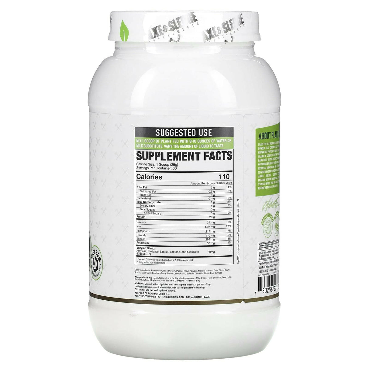 Axe & Sledge Supplements, Plant Fed, All-Natural Vegan Protein, Peanut Butter Banana, 30.69 oz (870 g) - Supply Center USA