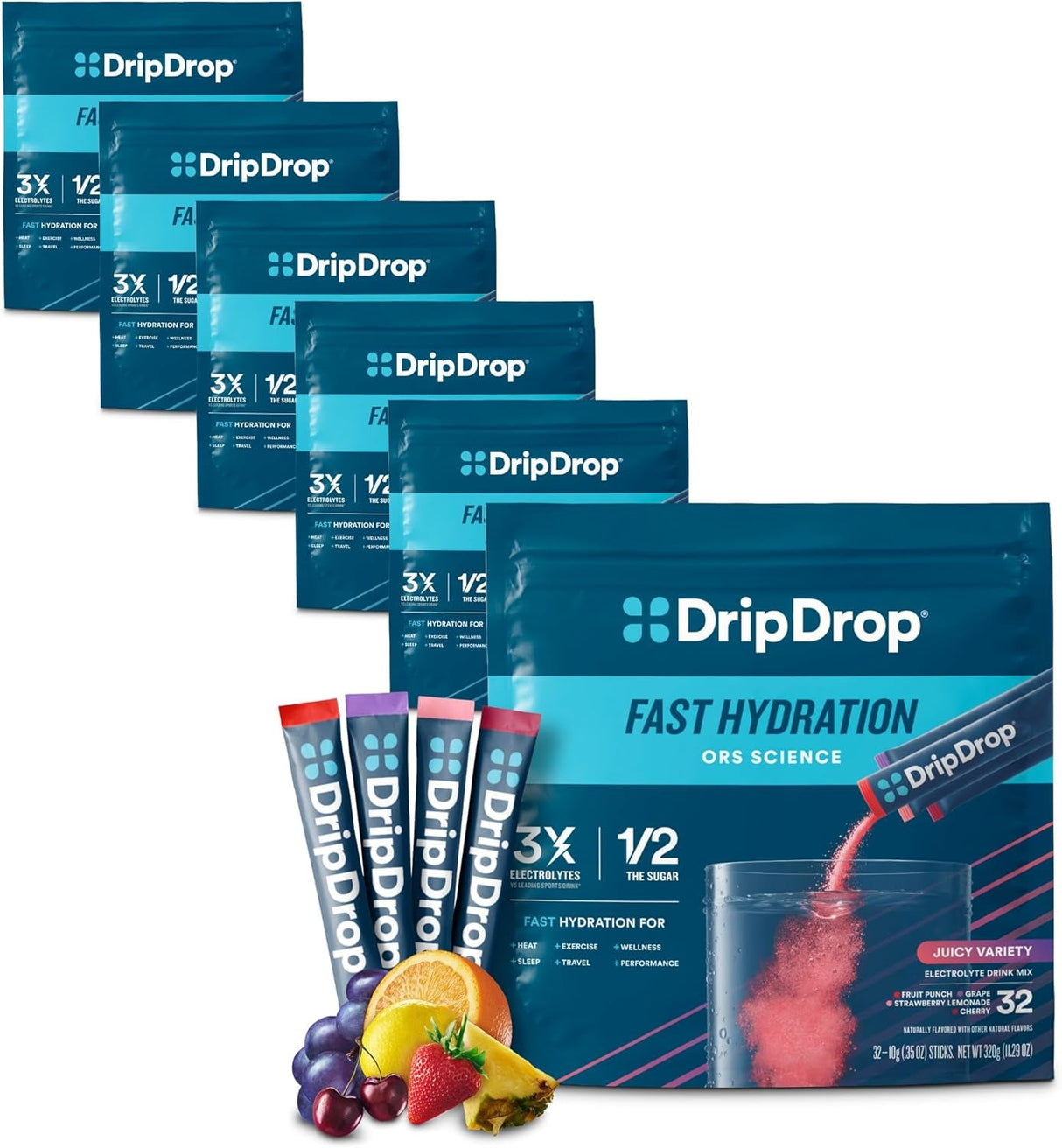Dripdrop Hydration Juicy Variety Pack Electrolyte Drink Mix Single-Serve Powder Packets- Grape, Fruit Punch, Strawberry Lemonade, Cherry - 32 Servings