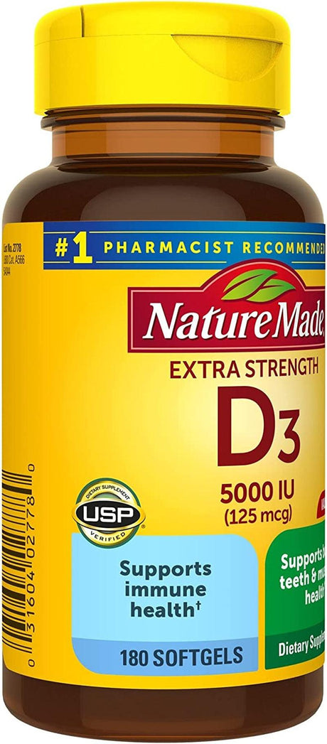 Nature Made Extra Strength Vitamin D3 5000 IU (125 Mcg), Dietary Supplement for Bone, Teeth, Muscle and Immune Health Support, 180 Softgels, 180 Day Supply - Supply Center USA