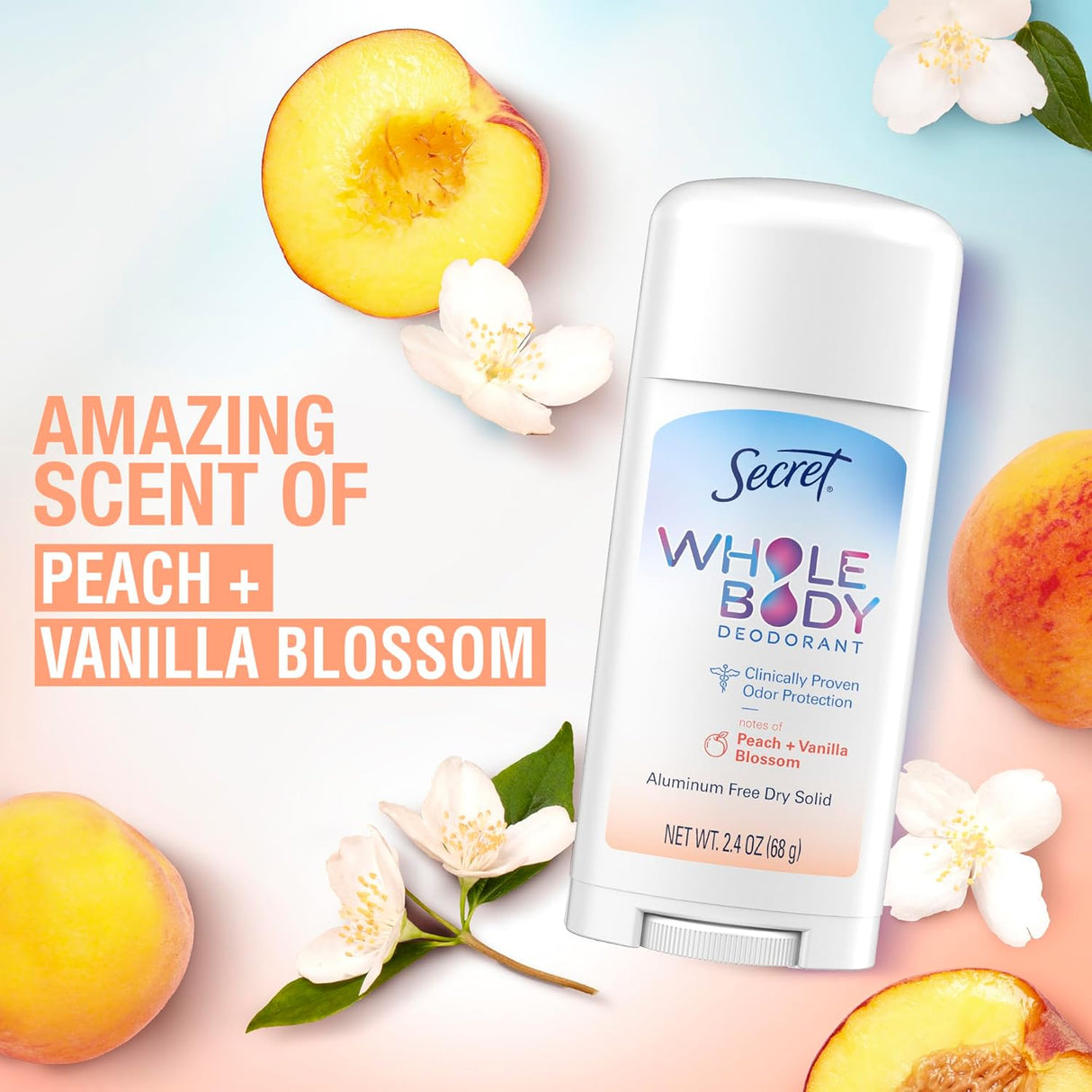 Secret Whole Body Deodorant Stick for Women, Travel Size, Peach & Vanilla Blossom Scent, Aluminum Free Deodorant, 72 HR Odor Protection, 0.5 Oz